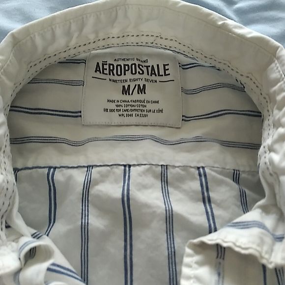 Aeropostale A87 Medium Men's White Striped Button Up Long Sleeve Shirt Cotton - Picture 5 of 8